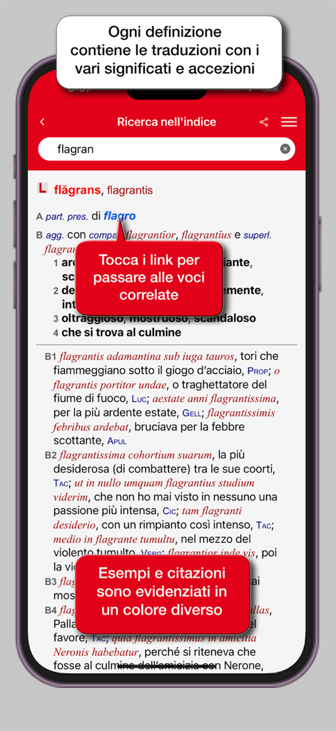 Ein Bildschirm mit lateinischen Wortdefinitionen in der Hoepli-Wörterbuch-App, der Übersetzungen und Beispiele zeigt.
