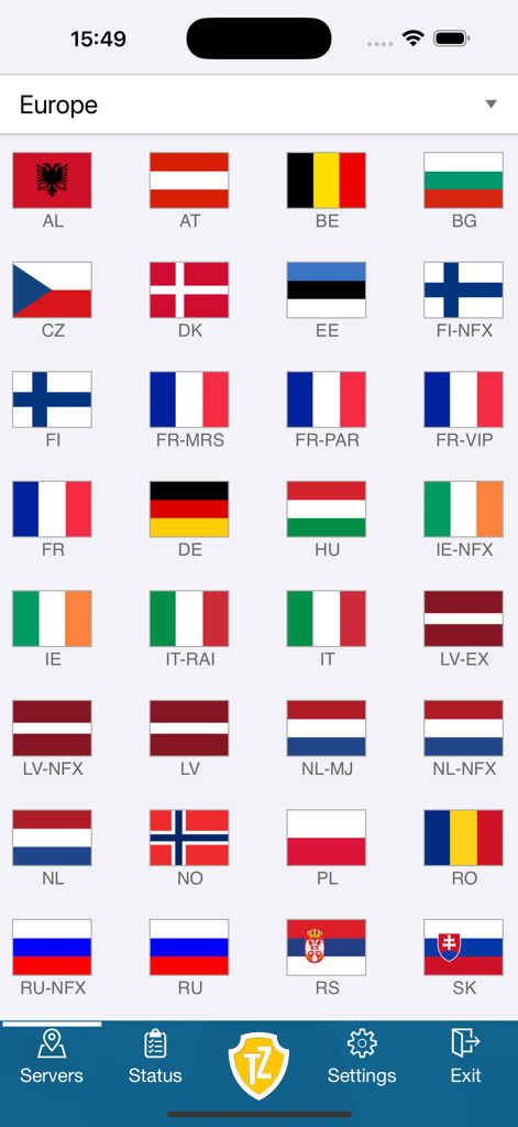 Trust.Zone VPN server list showing various European countries with flag icons