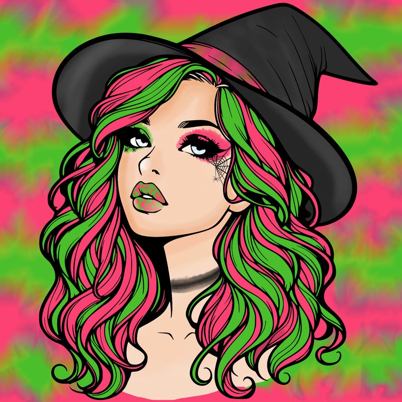 realistic witch girl with wavy hair and lips