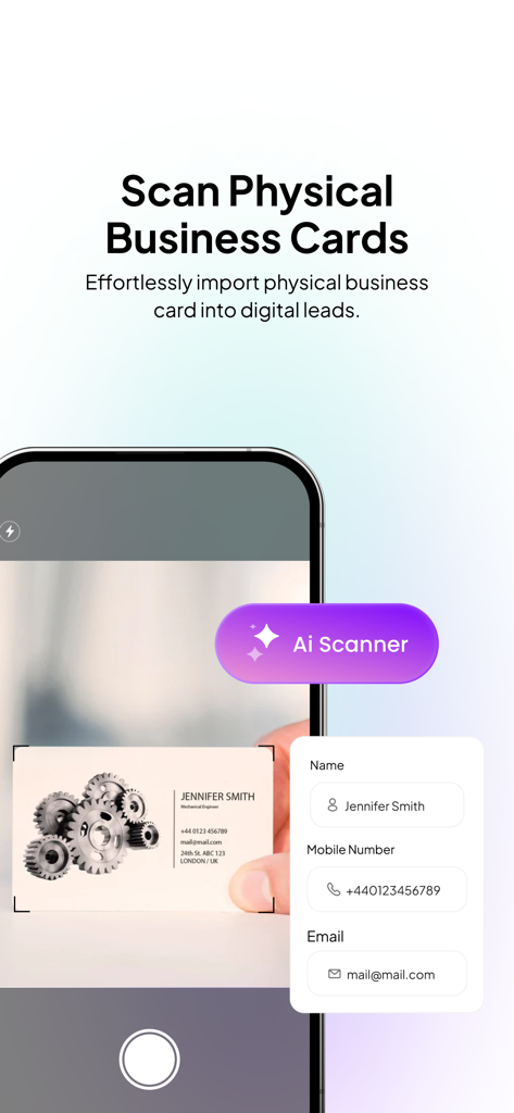 Tap - Digital Business Card - A smartphone using an AI scanner to import a physical business card into digital contact info