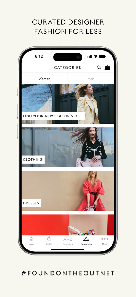 THE OUTNET: Luxury for less - The Outnet app categories screen showing designer fashion sections