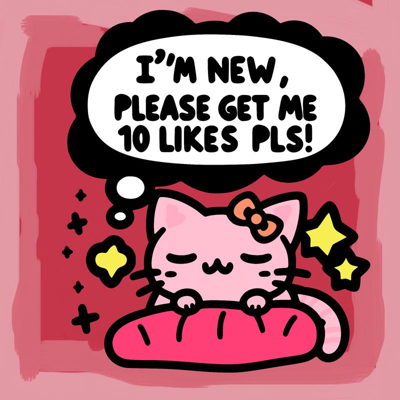kitty taking a nap dream talking and saying "i'm new, please get me at least 10 likes pls!!"