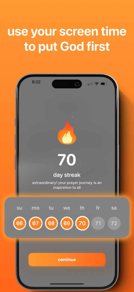 A mobile screen showing a 70 day prayer streak with a fire icon and a weekly progress calendar