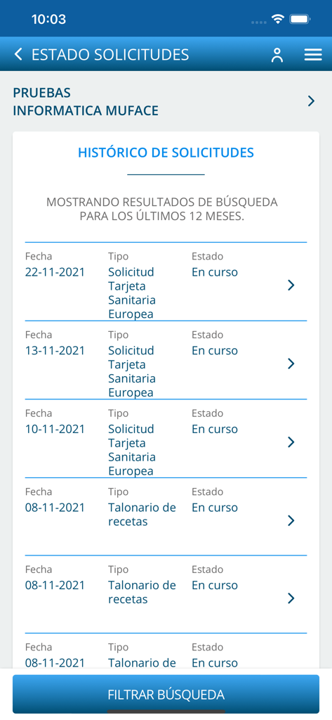 Muface Móvil - Screenshot of the Muface Móvil app showing a list of recent administrative requests and their status in Spanish.