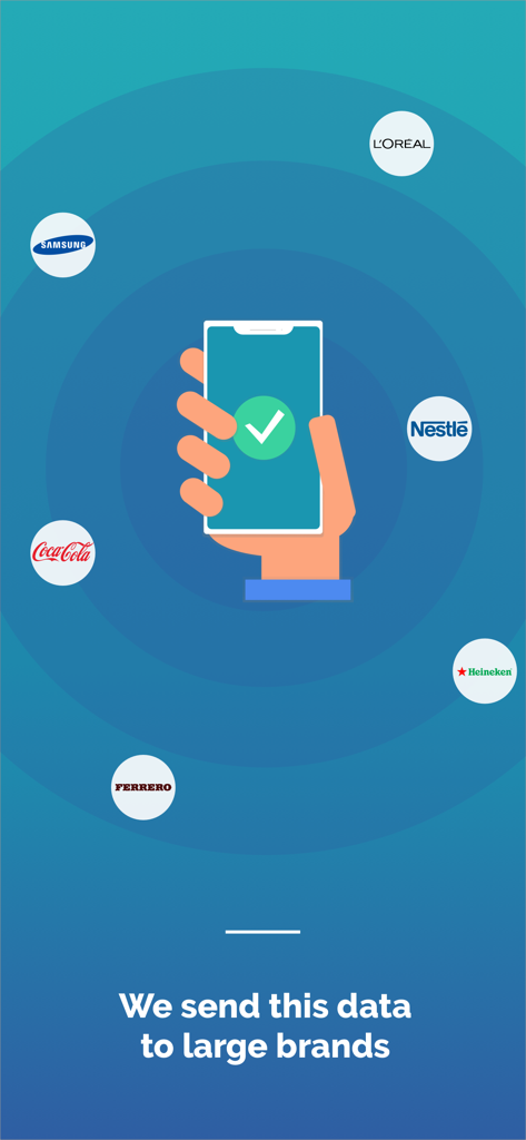 BeMyEye - Earn money - Mano che tiene uno smartphone con un segno di spunta circondato dai loghi dei principali marchi come Samsung Nestle e Coca-Cola