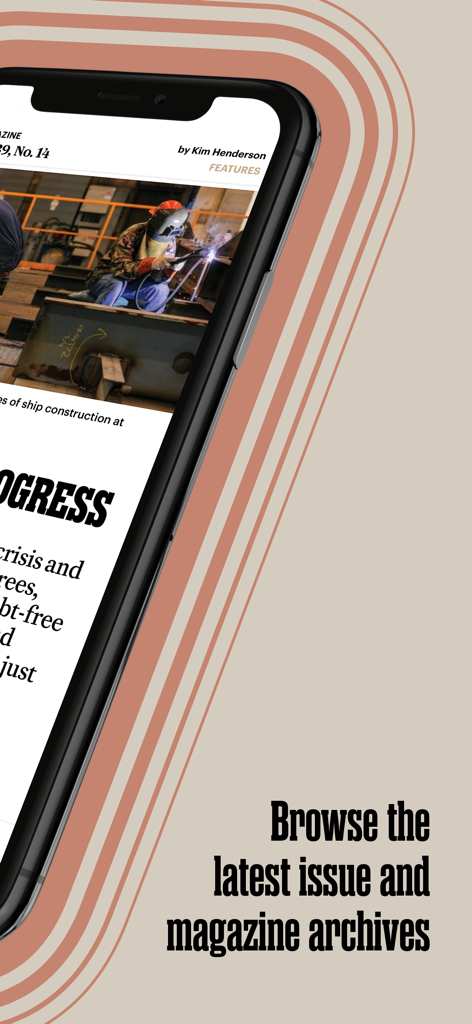 WORLD News Group - iPhone displaying the WORLD News Group app with an article and text reading browse the latest issue and magazine archives.