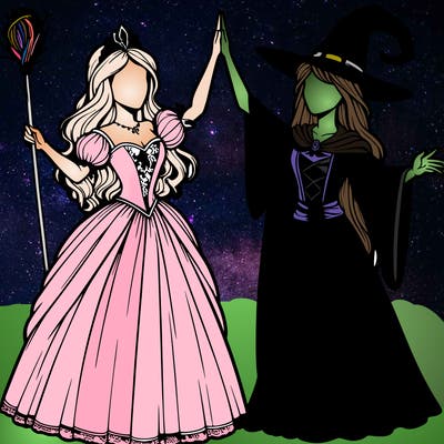 detailed realistic split of a princess and a witch