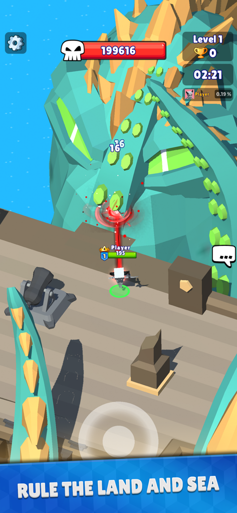 Hunt Royale: Action RPG Battle - A voxel style character attacking a giant green sea monster on a wooden deck in Hunt Royale