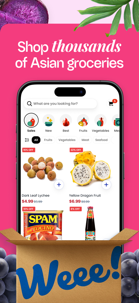 Weee! #1 Asian Grocery App - Smartphone che mostra l'interfaccia dell'app Weee con vari generi alimentari asiatici e una scatola per la consegna