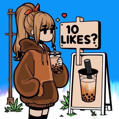 girl with oversized hoodie drinking boba and she has a high ponytail with a sign that says 10likes?