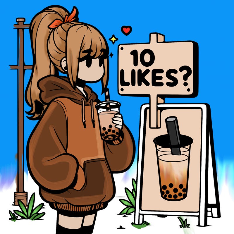 girl with oversized hoodie drinking boba and she has a high ponytail with a sign that says 10likes?