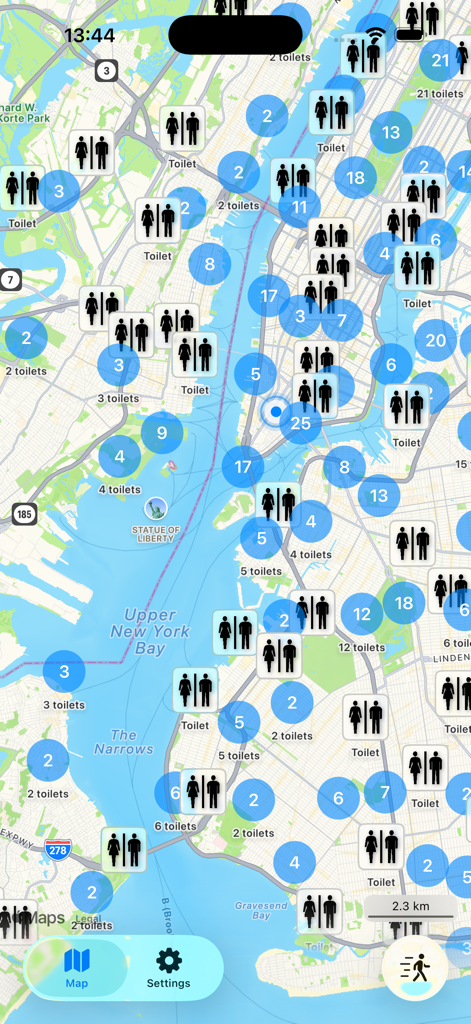 Map screen showing numerous public restroom icons and location clusters