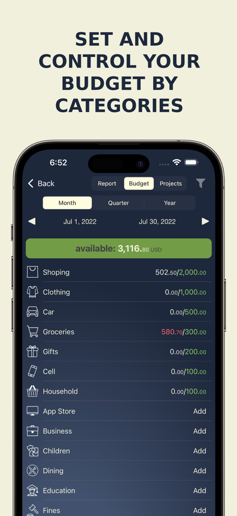 MoneyBe - Interfaccia dell'app MoneyBe che mostra i limiti di budget e l'andamento delle spese in varie categorie