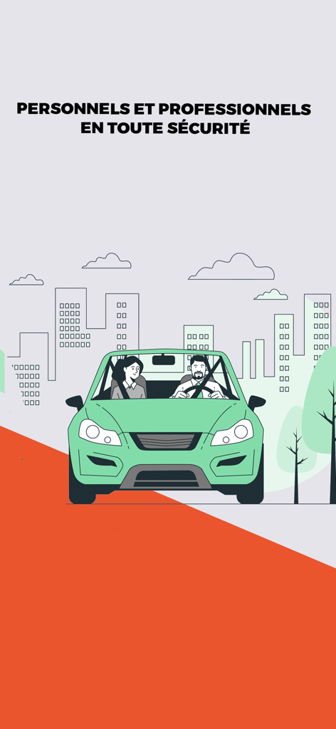 Woyo I Bora I Sera - Illustration d'un chauffeur professionnel et d'un passager dans une voiture verte avec un arrière-plan de skyline urbaine représentant un transport sûr à Bamako.