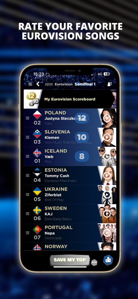 A mobile app interface showing a list of Eurovision songs with options to rate and assign points to different countries