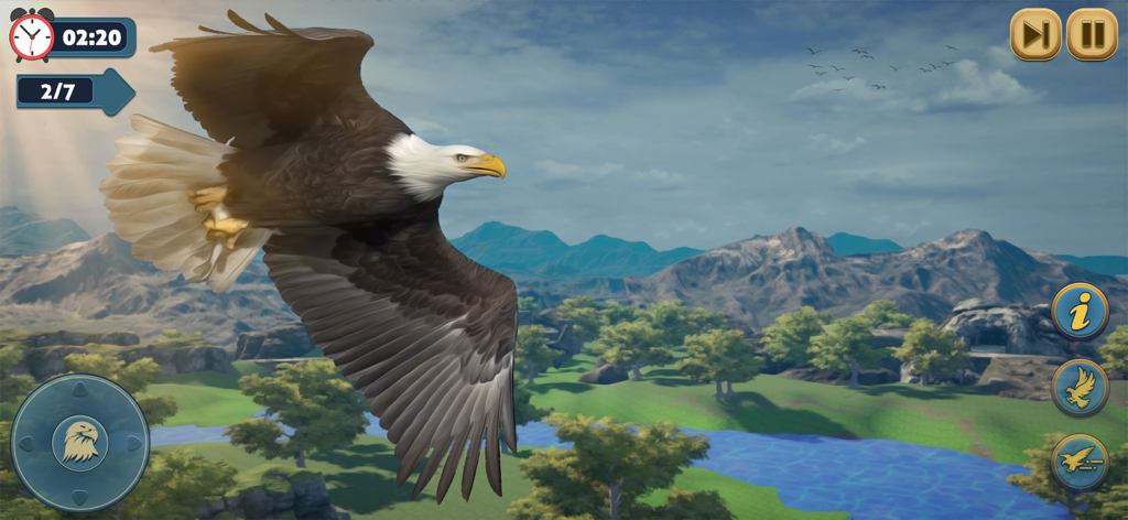 Eagle Bird Wild Life Sim Games - A bald eagle flying over a scenic mountain landscape in the Eagle Bird Wild Life Sim game.