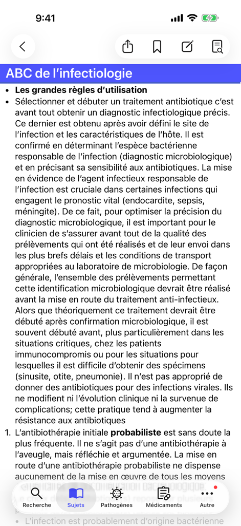 Antibiothérapie Pédiatrique - Pediatric antibiotic therapy app screen explaining infectious disease diagnosis and treatment rules in French