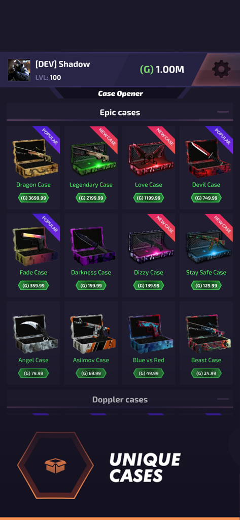 Case Battle - Skins Simulator - Menu of unique epic weapon cases to open in the Case Battle Skins Simulator app