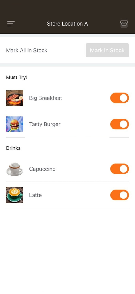 StoreHub Manager - Mobile screen of StoreHub Manager app showing stock availability toggles for restaurant menu items.