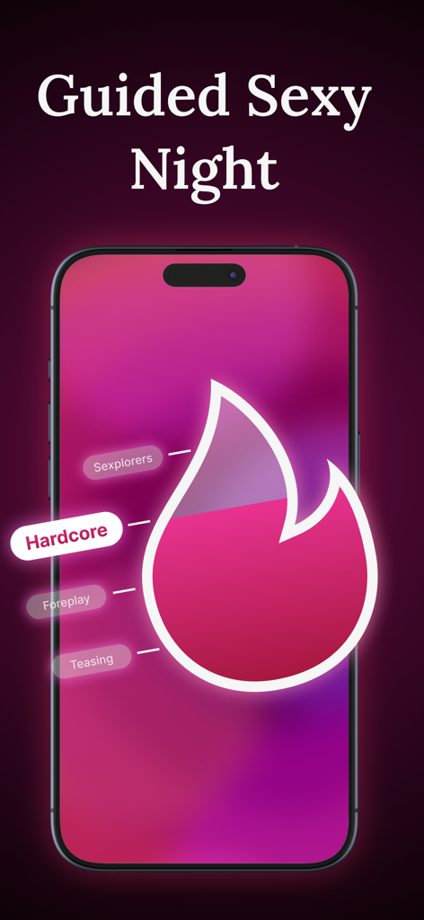 Interface de l'application FeelMe montrant différents niveaux d'intensité de jeu pour les couples.