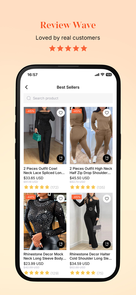 CHICME - Shopping Online - Aplicación móvil CHICME que muestra los atuendos de mujer modernos más vendidos con calificaciones de clientes de cinco estrellas