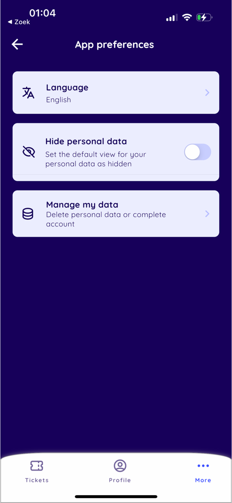 FastID - App preferences screen in the FastID app showing settings for language, data privacy, and data management.
