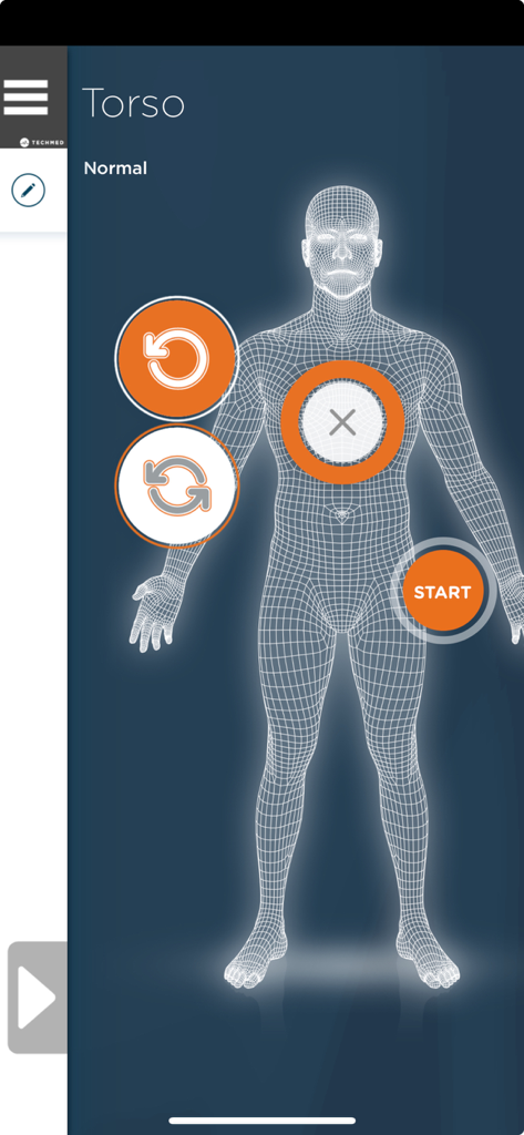 SpinalTech3D Scan interface showing a 3D wireframe model of a human torso with interactive buttons