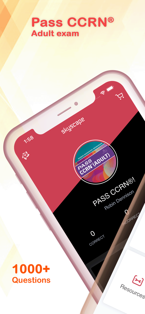 Pass CCRN Adult exam preparation app interface showing over 1000 practice questions.