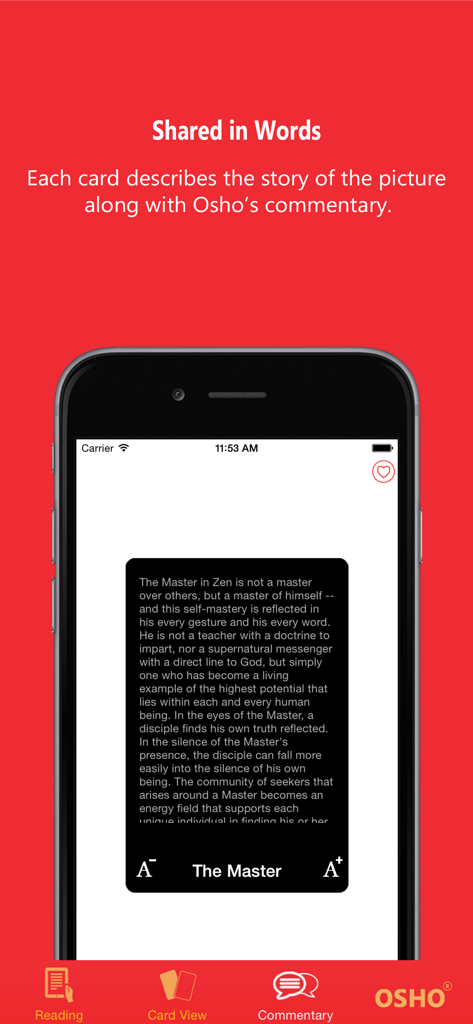 Osho Zen Tarot - A mobile screen from the Osho Zen Tarot app displaying the philosophical commentary and text for The Master card.