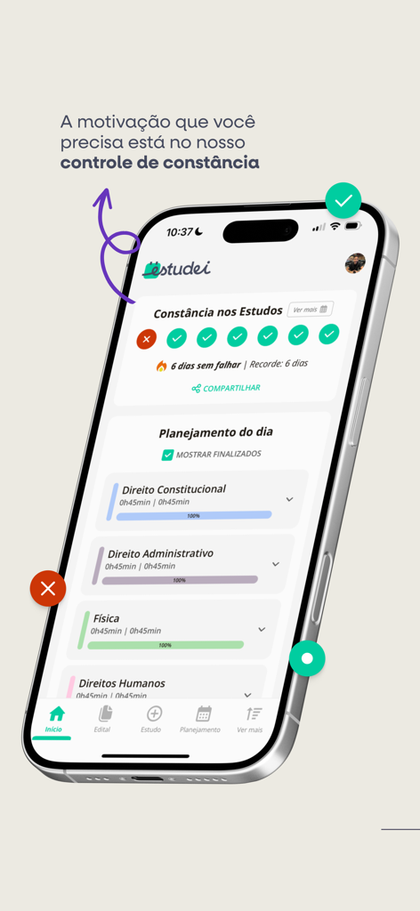 Estudei - Estudei app interface showing a 6-day study consistency streak and daily educational planning with progress bars for different subjects