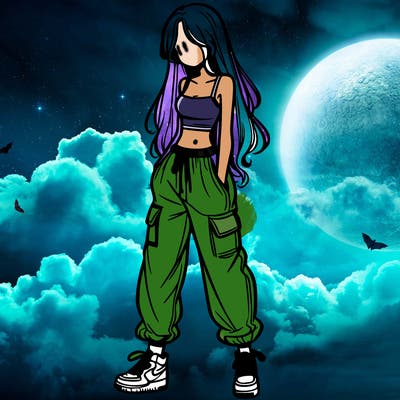 girl in baggy pants crop top and long hair