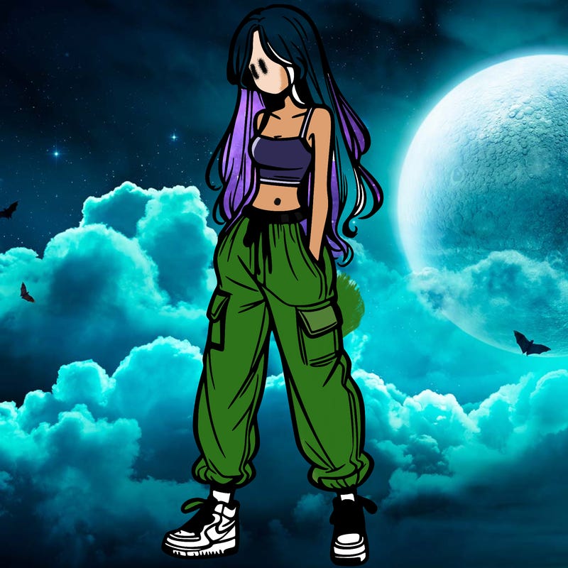 girl in baggy pants crop top and long hair