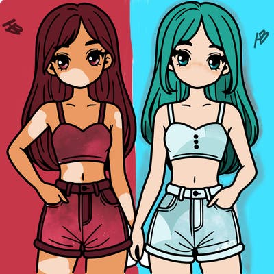 two sisters with crop tops and jean shorts and straight hair