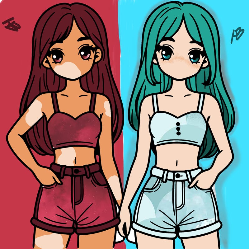 two sisters with crop tops and jean shorts and straight hair