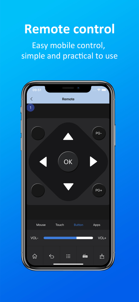 Smartphone affichant l'interface de contrôle à distance de l'application tranScreen avec une croix directionnelle et un contrôle du volume.