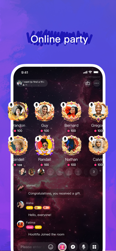 Screenshot of Amar app showing an online party with multiple users in a voice chat room and real-time messaging.