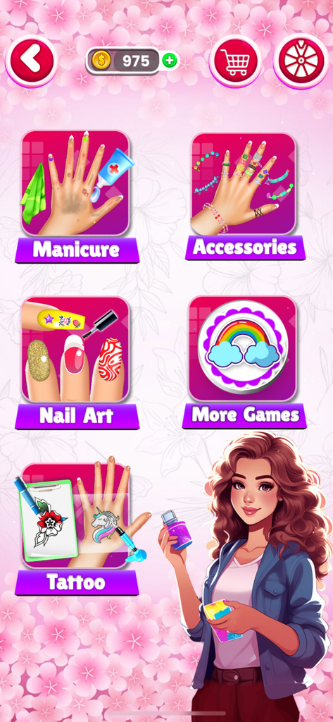 Pantalla del menú principal del juego Salón de Uñas con iconos para los modos Accesorios de Manicura, Arte de Uñas y Tatuajes.