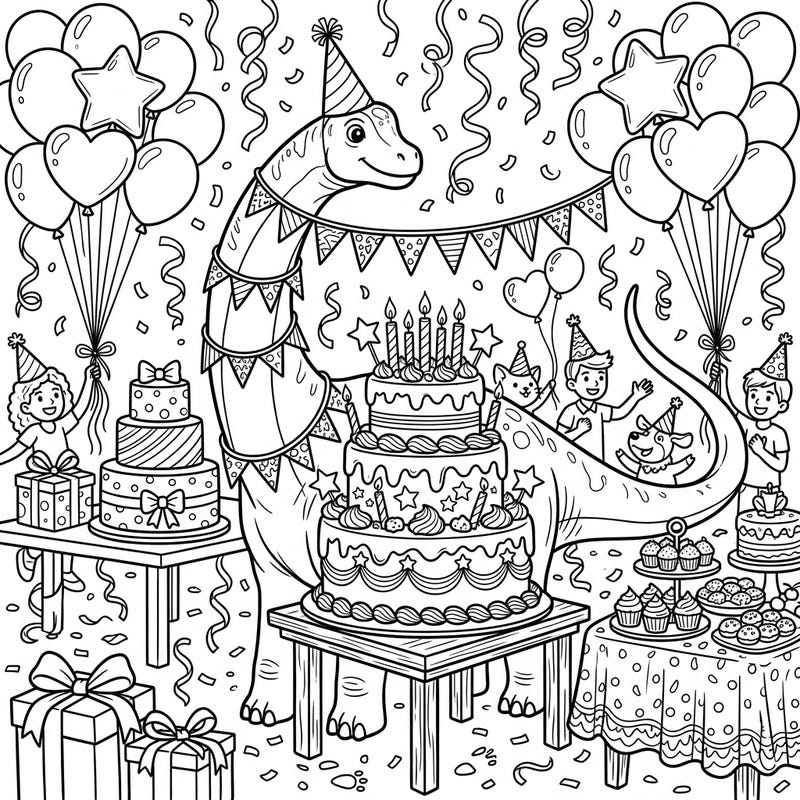 Get ready for a prehistoric party! This exciting coloring page features a friendly Argentinosaurus celebrating its birthday with all its pals, surrounded by delicious cakes, vibrant balloons, and festive confetti.
