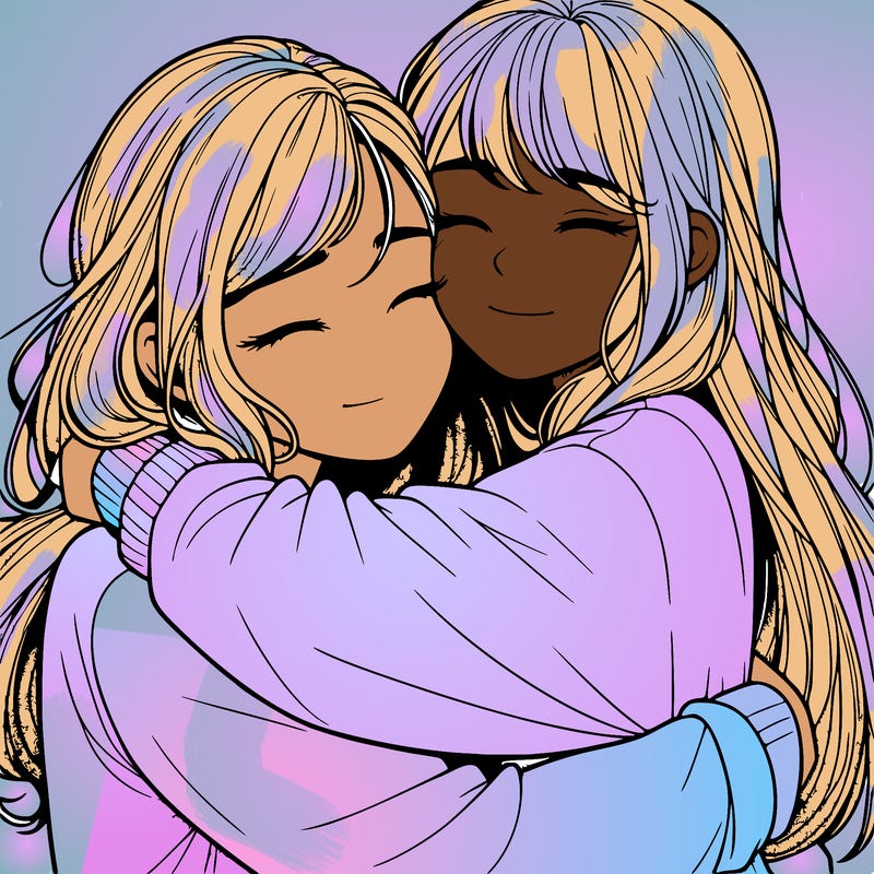 realistic two girls hugging