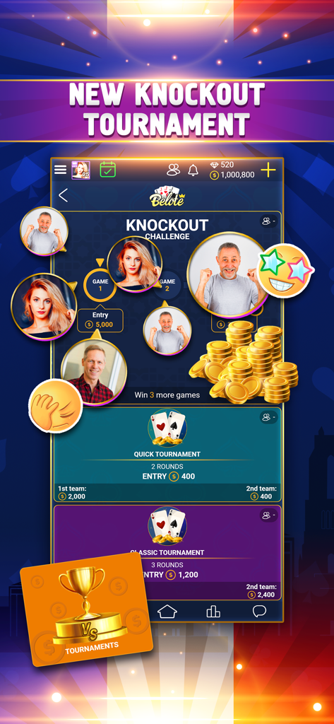 Écran de l'application VIP Belote montrant le tableau du tournoi à élimination directe avec les profils des joueurs et les récompenses