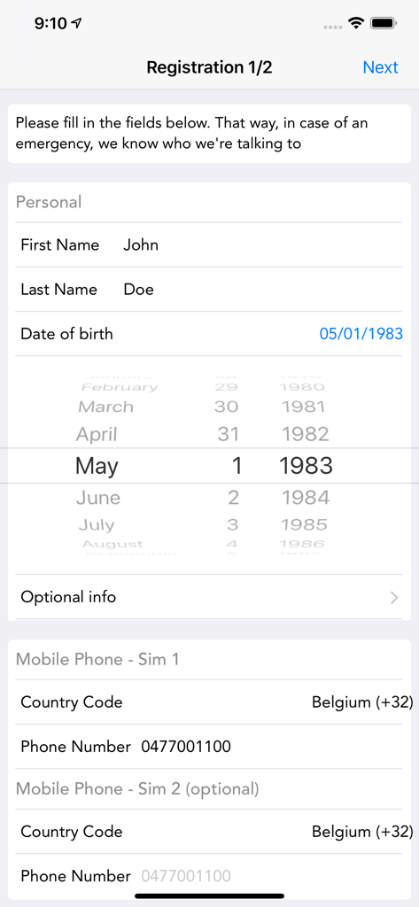 User registration screen in the 112 BE app for emergency contact information
