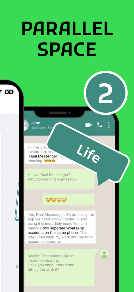 단일 장치에서 두 개의 WhatsApp 계정을 관리하기 위한 병렬 공간 기능을 표시하는 앱 스크린샷
