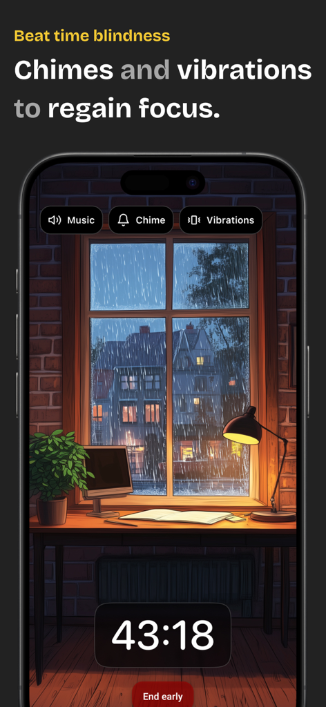 Win Focus: ADHD Focus Timer - Win Focus ADHD focus timer interface showing a countdown with a cozy rain themed desk background
