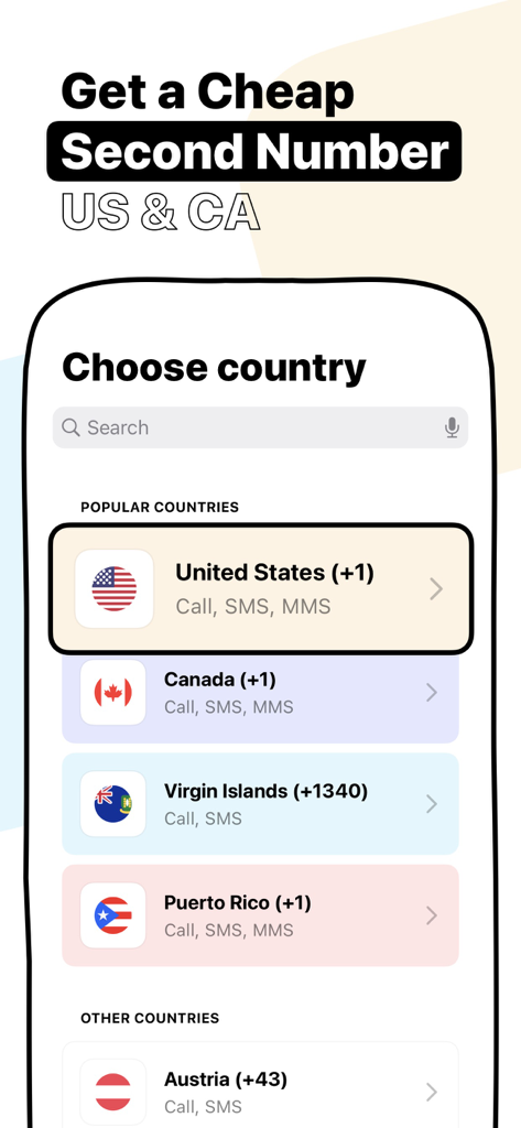 Text ON: Call Now Second Phone - Interfaz que muestra opciones para elegir un número de teléfono virtual secundario para EE. UU. y Canadá