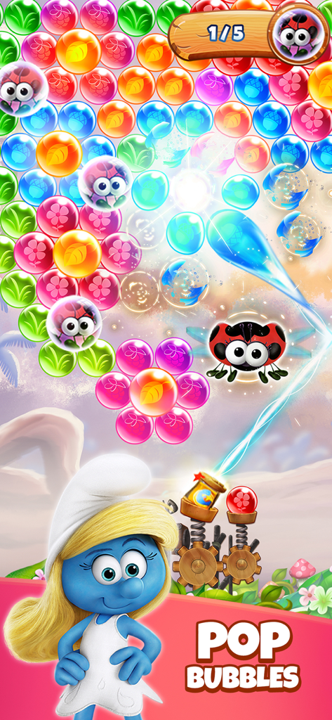 Smurfette standing next to a bubble cannon in the Smurfs Bubble Shooter game