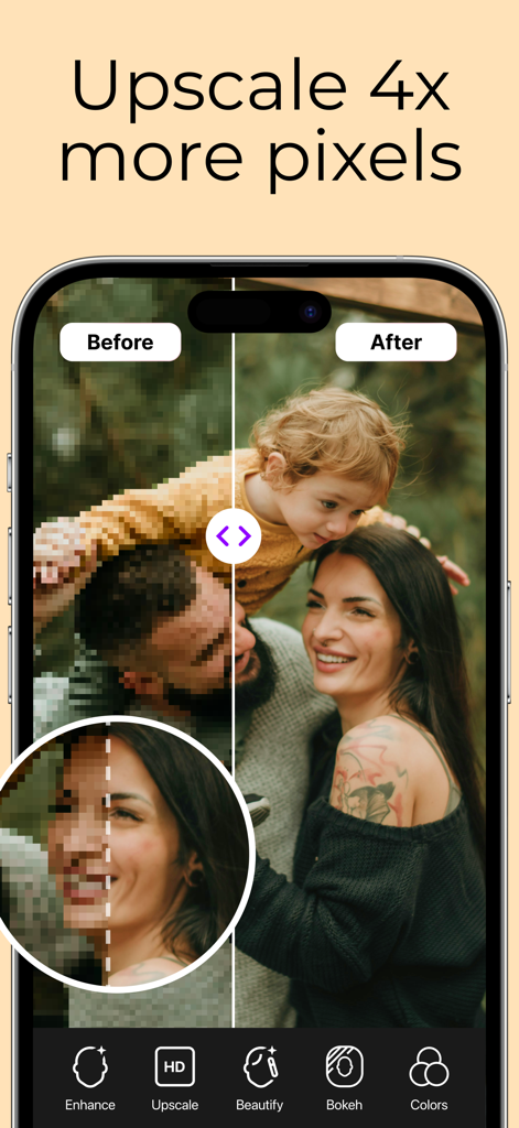 PhotoBoost - AI Photo Enhancer - Mobile app interface showing a before and after comparison of an upscaled pixelated family photo using PhotoBoost