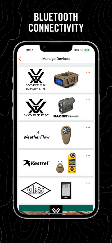 GeoBallistics - Manage Devices screen in the GeoBallistics app showing Bluetooth connectivity with Vortex and Kestrel hardware