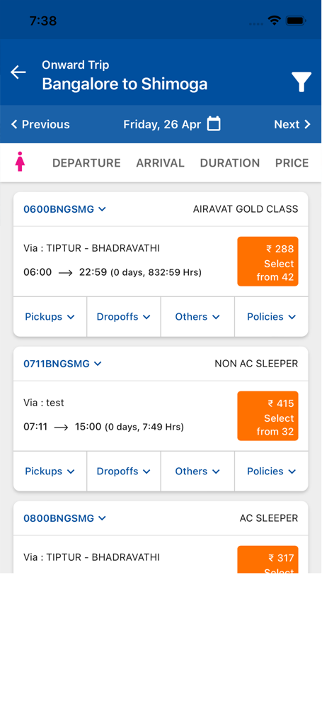 KSRTC AWATAR - KSRTC AWATAR app screen showing bus search results from Bangalore to Shimoga with price and class options
