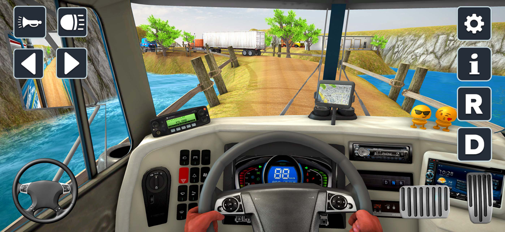 Truck Driving Simulator Games! - First-person view from the interior of a truck cabin showing a detailed dashboard steering wheel and a road ahead in a simulator game.