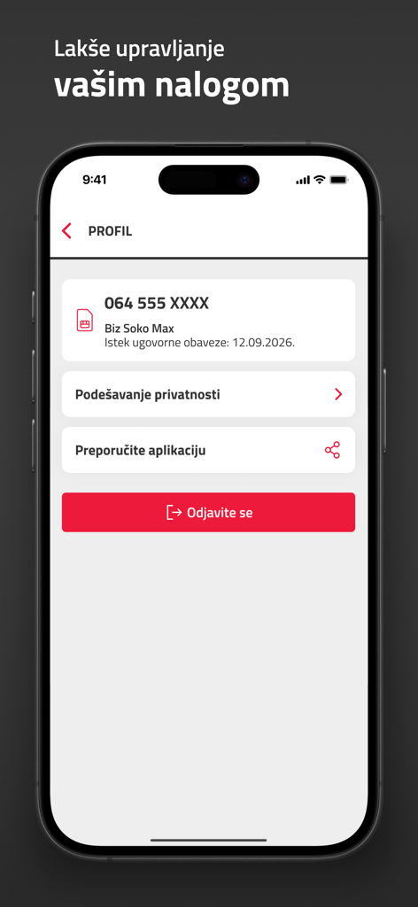 mts Biznis - Profile section of the mts Biznis app displaying account information and settings